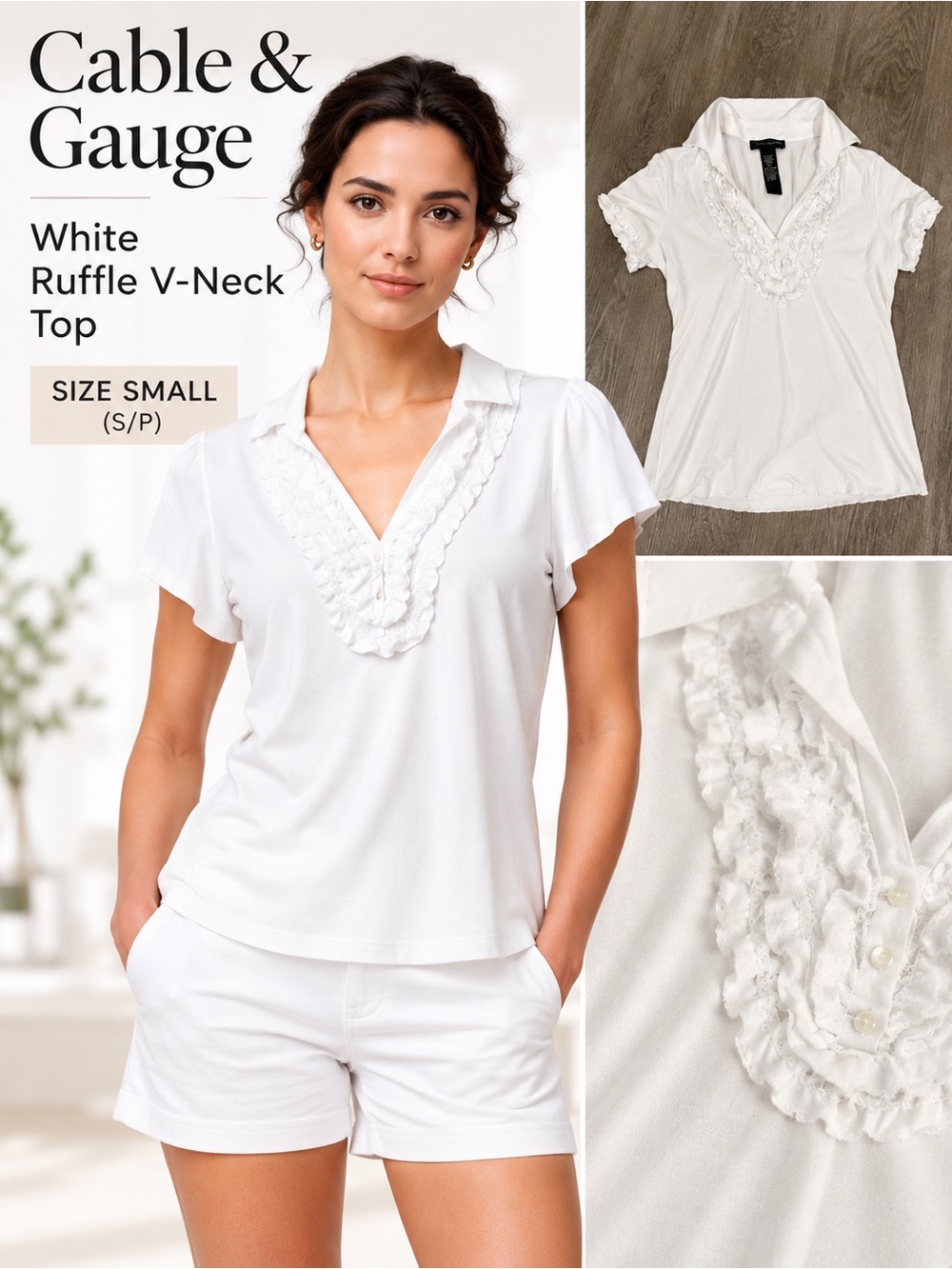 Cable & Gauge White Ruffle V-Neck Stretch Top Blouse Size S